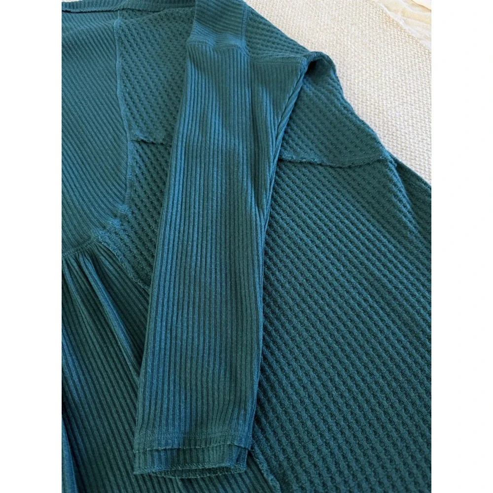 Free People White Mixed‎ Knit Henley Thermal Long Sleeve Top Aqua Size S